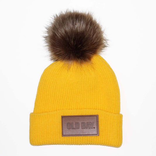 Old Bay Leather Patch (Yellow w/ Fur Pom) / Slouchy Knit Beanie Cap - Route One Apparel