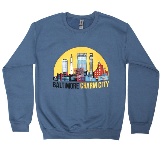 Baltimore Charm City Skyline (Indigo Blue) / Crew Sweatshirt - Route One Apparel