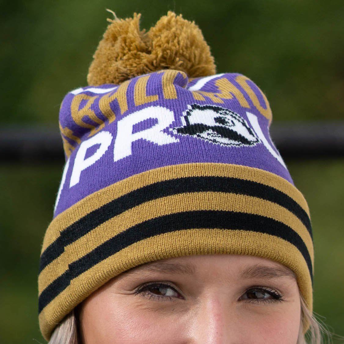 Baltimore Proud Boh Text (Purple w/ Gold Pom) / Knit Beanie Cap - Route One Apparel