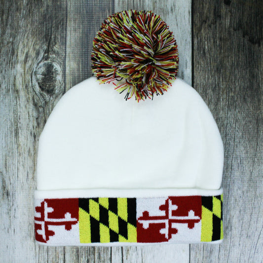 Maryland Flag (White) / Knit Beanie Cap w/ Pom-Pom - Route One Apparel