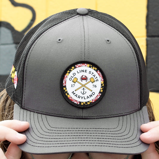 Old Line State Woven Patch w/ Side MD Flag (Charcoal/Black) / Trucker Hat - Route One Apparel