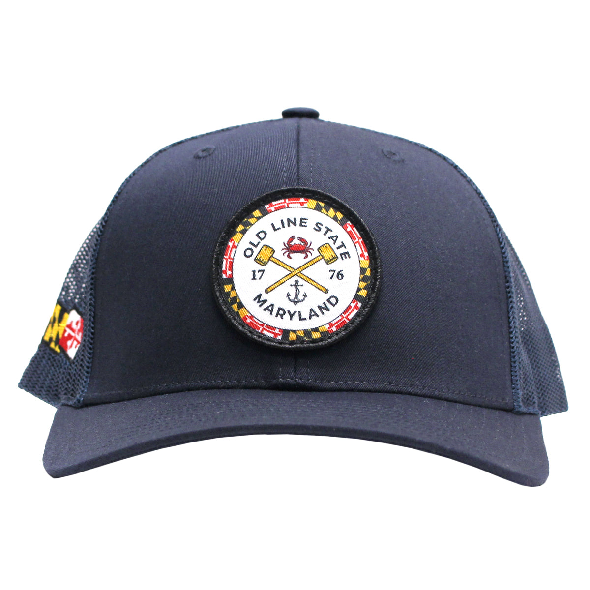 Old Line State Woven Patch w/ Side MD Flag (Navy) / Trucker Hat - Route One Apparel