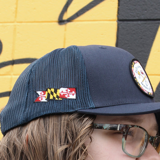 Old Line State Woven Patch w/ Side MD Flag (Navy) / Trucker Hat - Route One Apparel