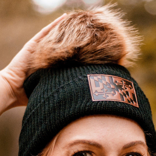 Maryland Flag Leather Patch (Black w/ Fur Pom) / Slouchy Knit Beanie Cap - Route One Apparel