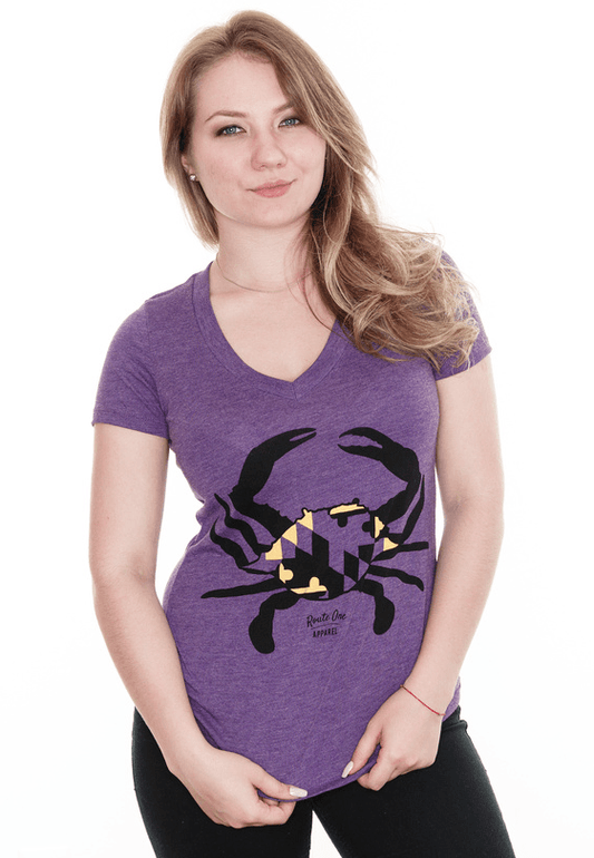 Purple & Gold Crab (Purple) / Ladies V-Neck Shirt - Route One Apparel