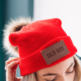 Old Bay Leather Patch (Red w/ Fur Pom) / Slouchy Knit Beanie Cap - Route One Apparel