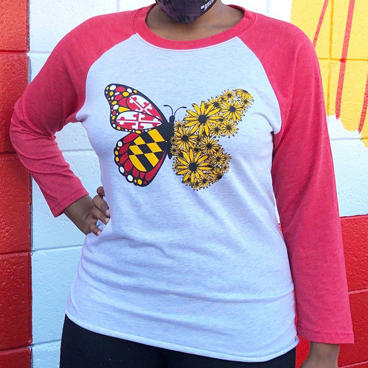Maryland Flag & Black Eyed Susan Butterfly (Red & White) / Vintage Baseball Jersey - Route One Apparel