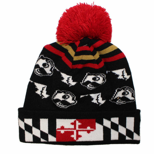 Alternating Boh & State of Maryland w/ Flag Brim (Black w/ Red Pom) / Knit Beanie Cap - Route One Apparel