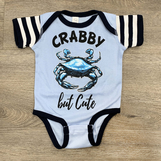 Crabby But Cute (Light Blue & Navy Stripe) / Baby Onesie - Route One Apparel
