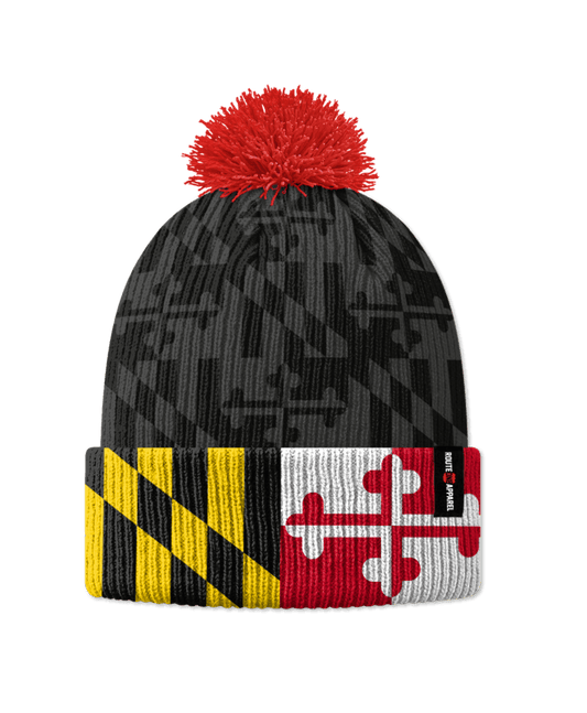 Greyscale Maryland Flag with Color Brim / Knit Beanie Cap w/ Pom-Pom - Route One Apparel