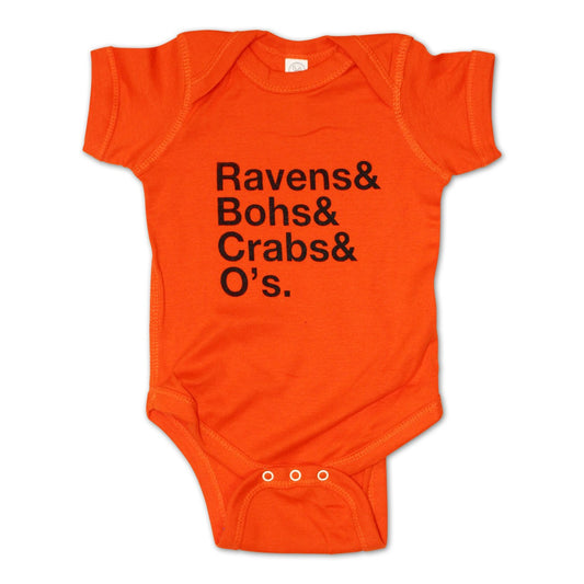 Ravens & Bohs & Crabs & O's Helvetica (Orange) / Onesie - Route One Apparel