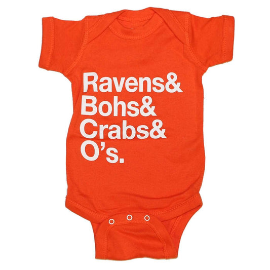 Ravens & Bohs & Crabs & O's Helvetica (Orange) / Onesie - Route One Apparel