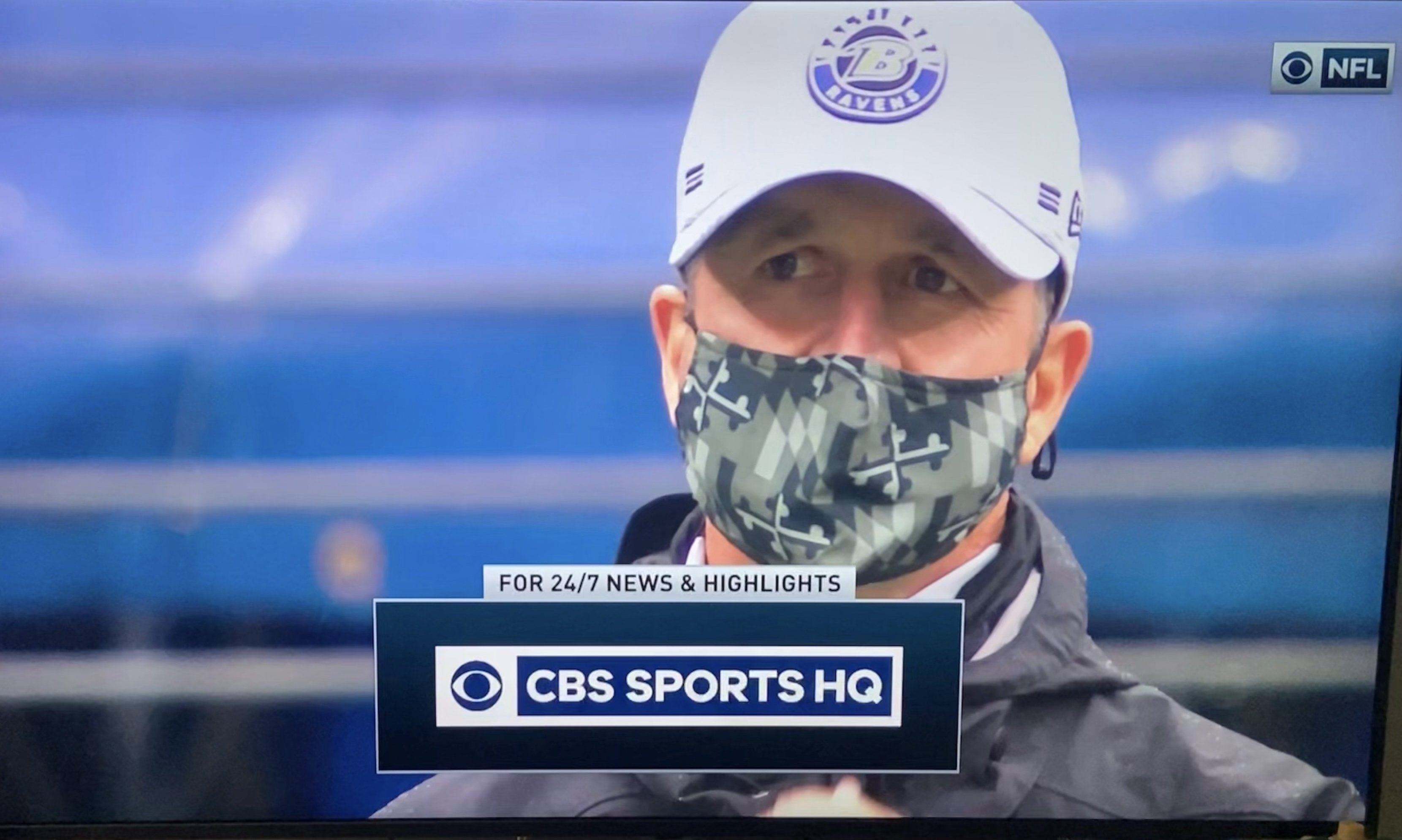 Coach John Harbaugh wearing a Route One Apparel mask!
