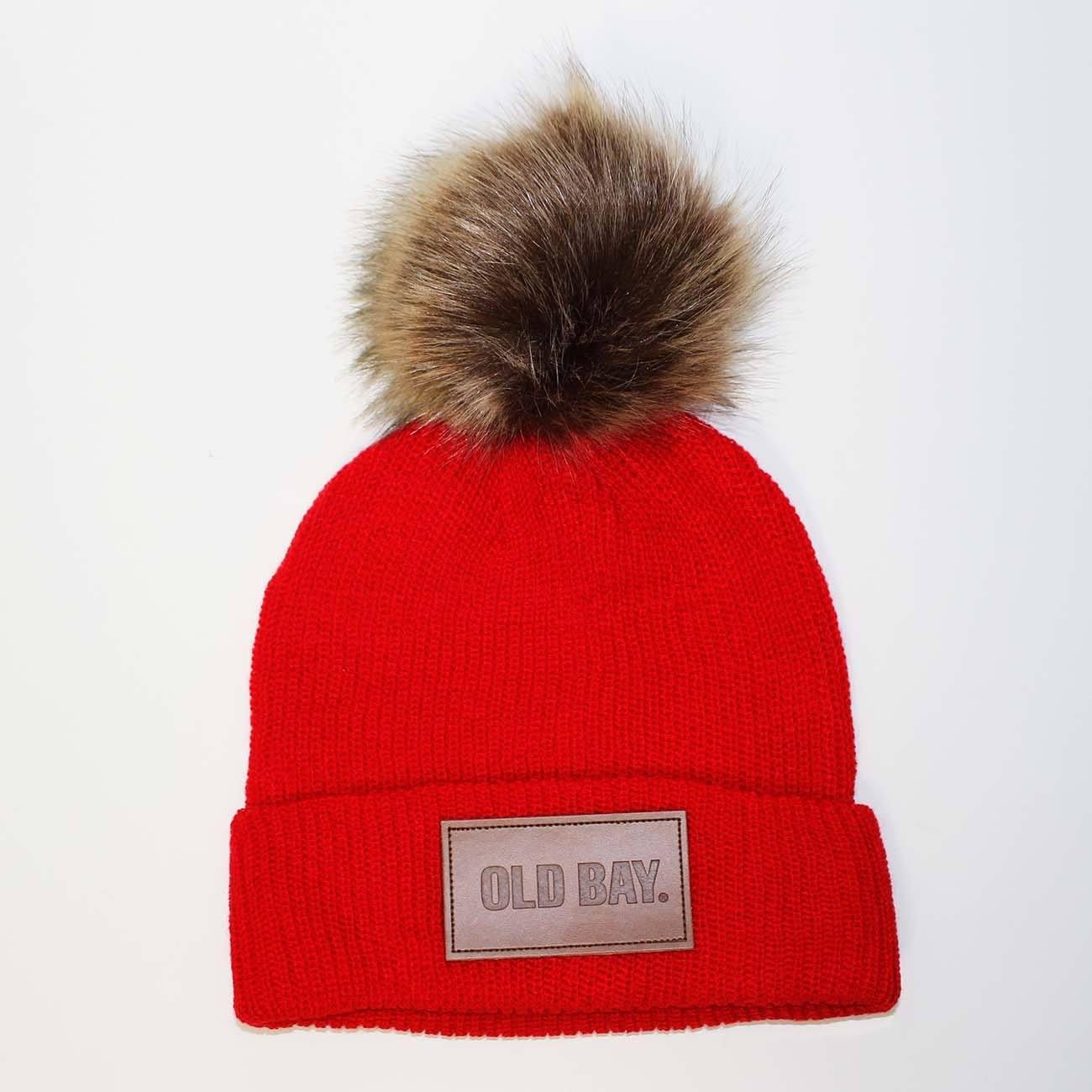 OLD BAY Leather Patch (Red w/ Fur Pom) / Slouchy Knit Beanie Cap
