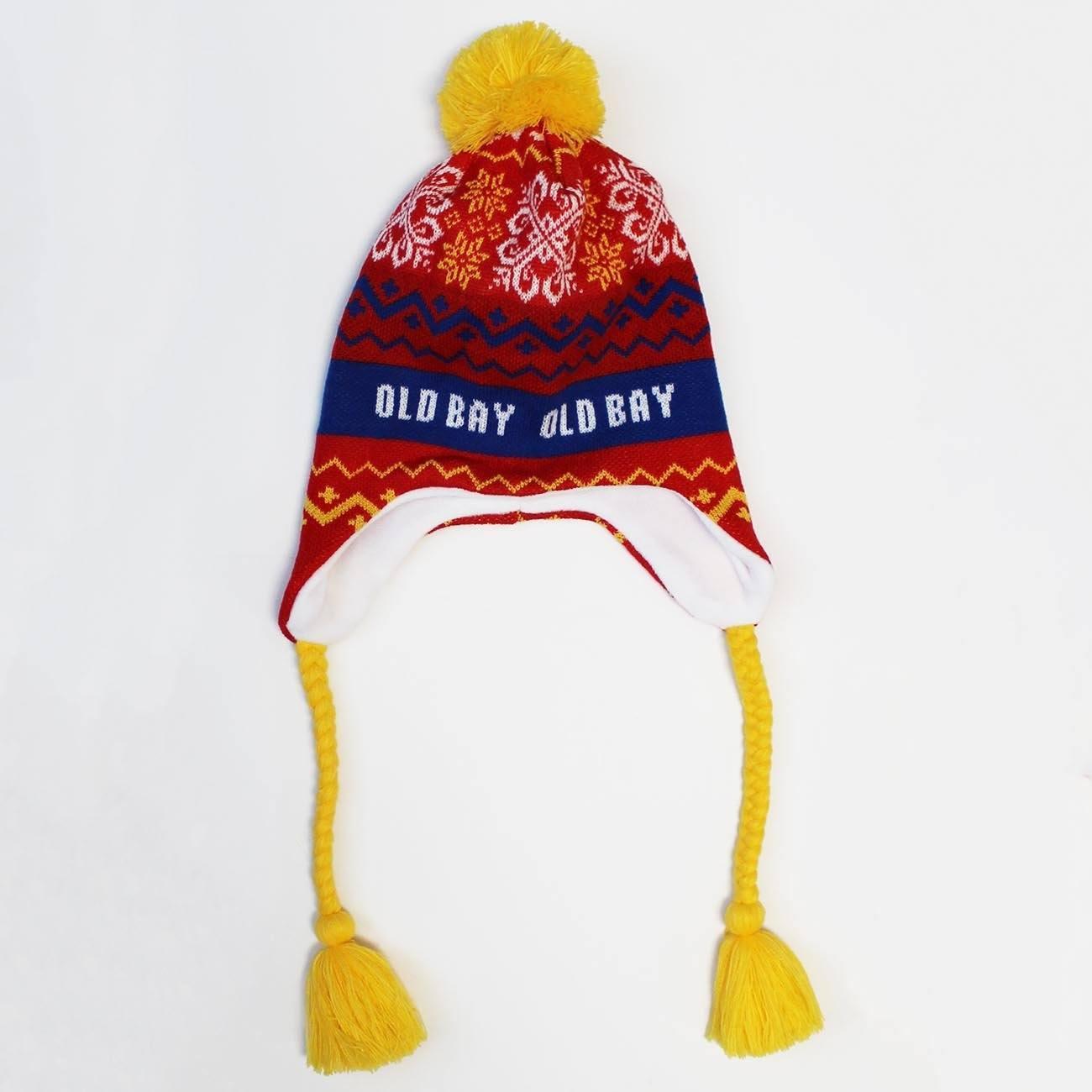 Blue OLD BAY Stripe, Chevron & Snowflakes (Red w/ Yellow Pom) / Ski Hat