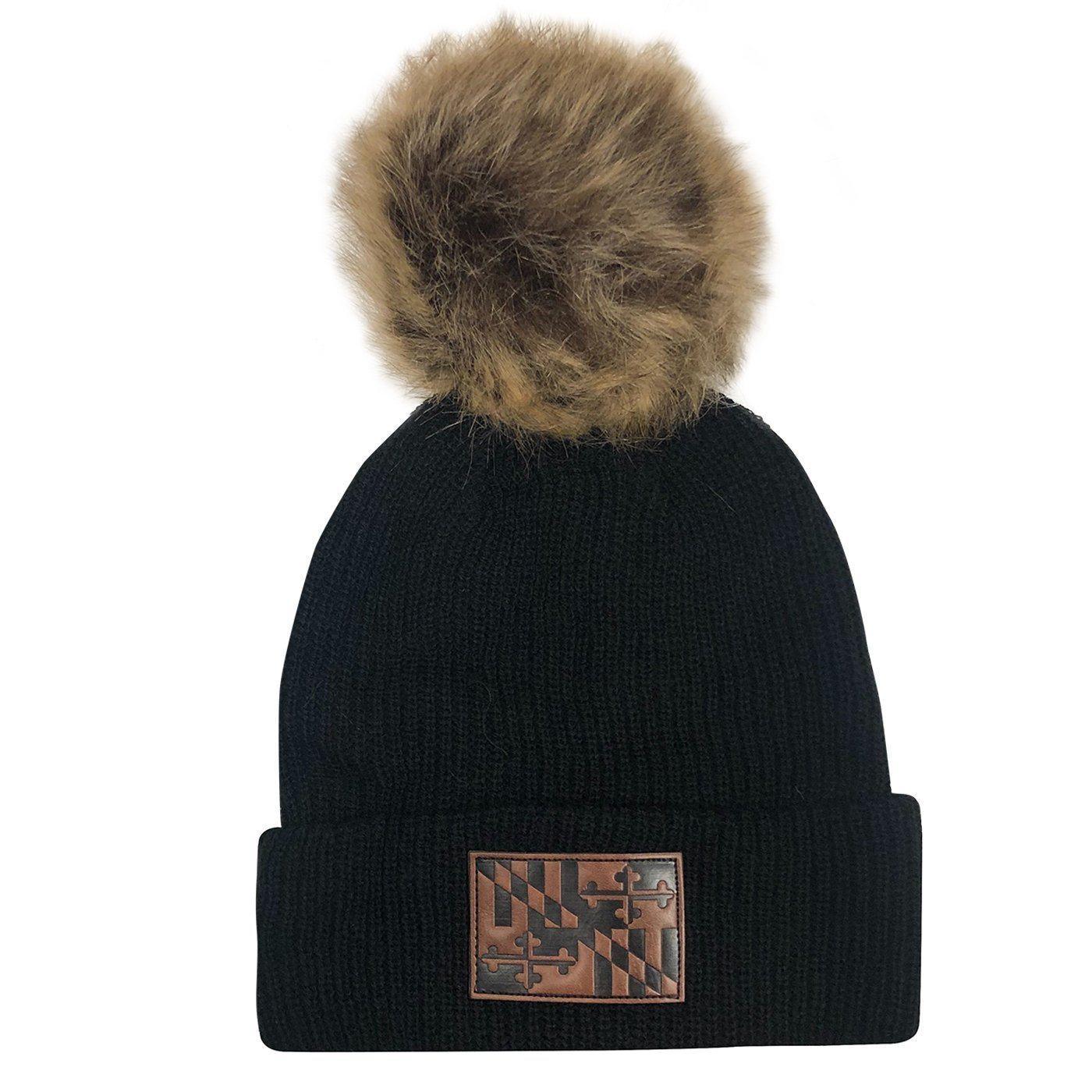 Maryland Flag Leather Patch (Black w/ Fur Pom) / Slouchy Knit Beanie Cap