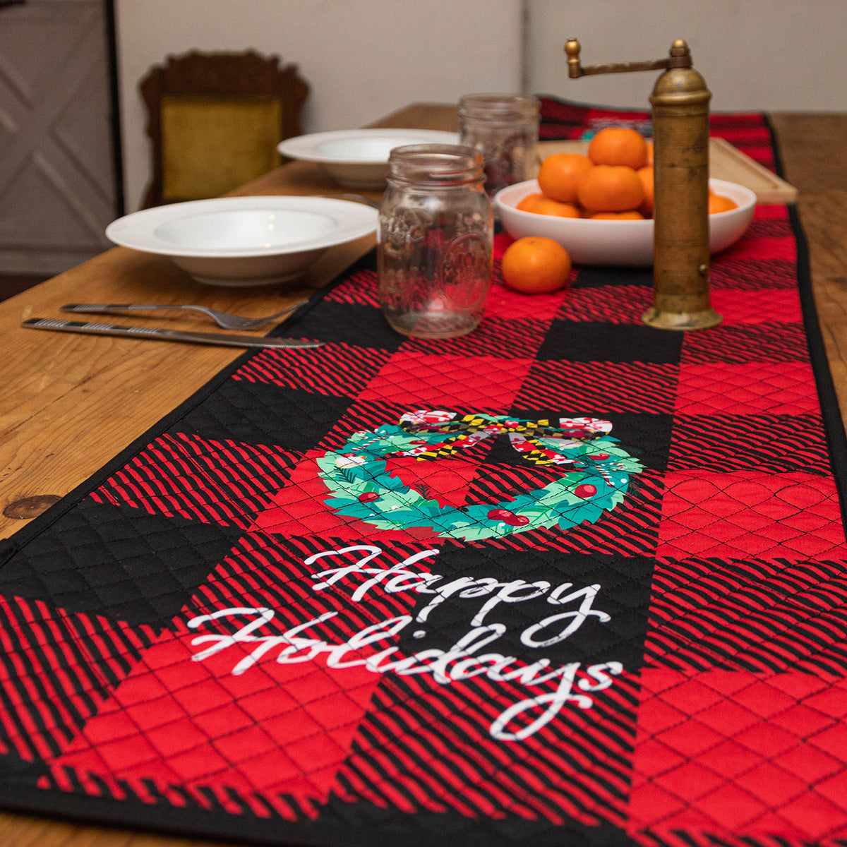 Happy Holidays with Maryland Wreath (Quilted) / Table Runner - Route One Apparel