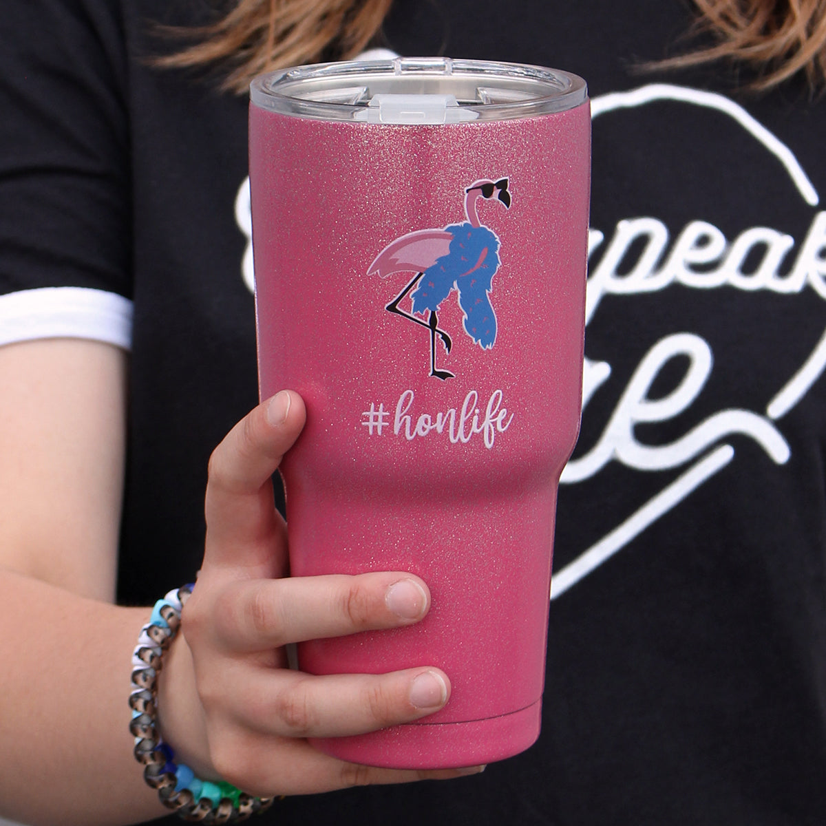 Hon Life Flamingo with Feather Boa (Glitter Pink) / Large Tumbler - Route One Apparel