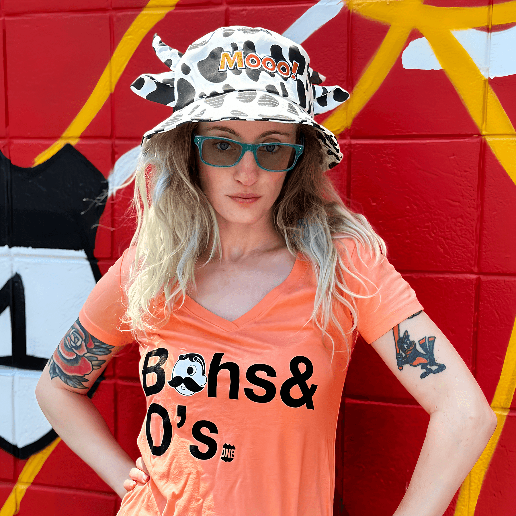 Bohs & O's Helvetica *With Natty Boh Logo* (Orange) /  Ladies V-Neck Shirt