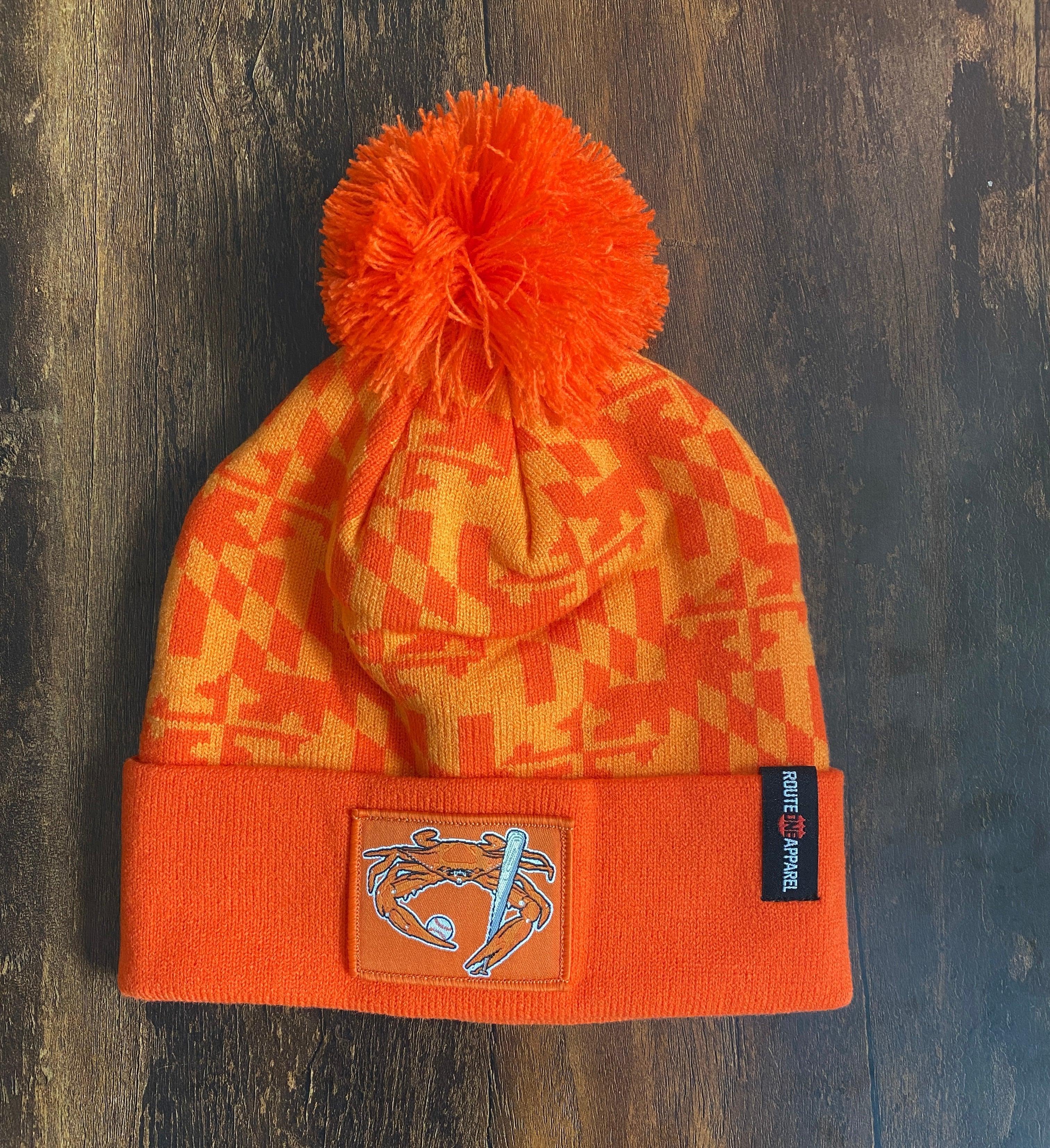 Orange Crab Baseball / Knit Beanie Cap w/ Pom-Pom