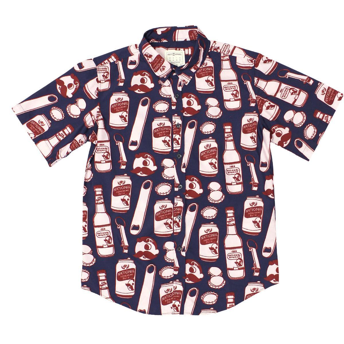 National Bohemian Bottle and Can Pattern (Red & Navy) / Hawaiian Shirt - Route One Apparel
