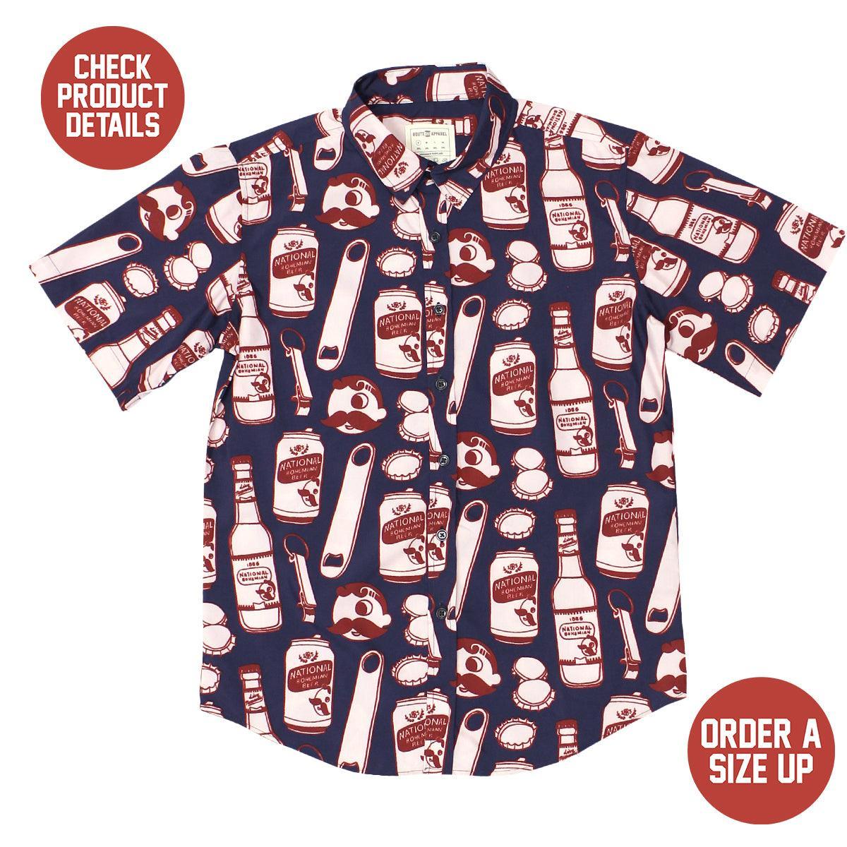 National Bohemian Bottle and Can Pattern (Red & Navy) / Hawaiian Shirt - Route One Apparel