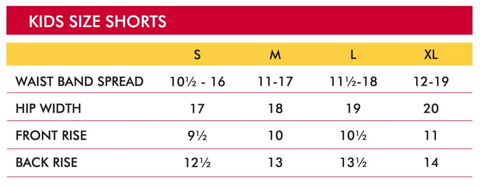 Youth running shorts clearance size chart