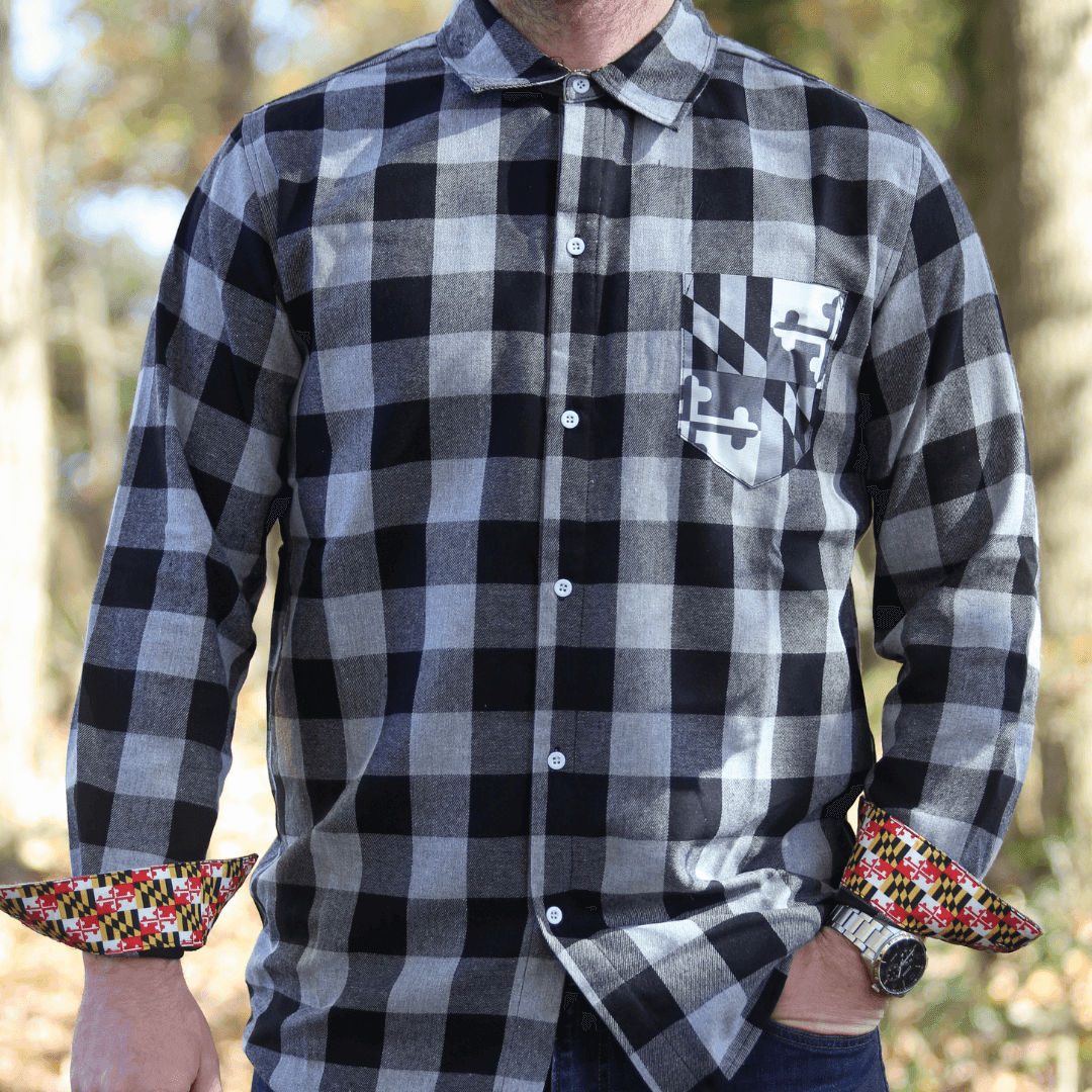 Grey & Black Flannel w/ Greyscale Maryland Flag Pocket / Flannel Long Sleeve Shirt - Route One Apparel