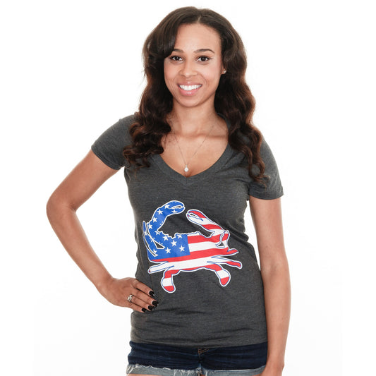American Flag Crab (Charcoal Grey) / Ladies Deep V-Neck Shirt - Route One Apparel