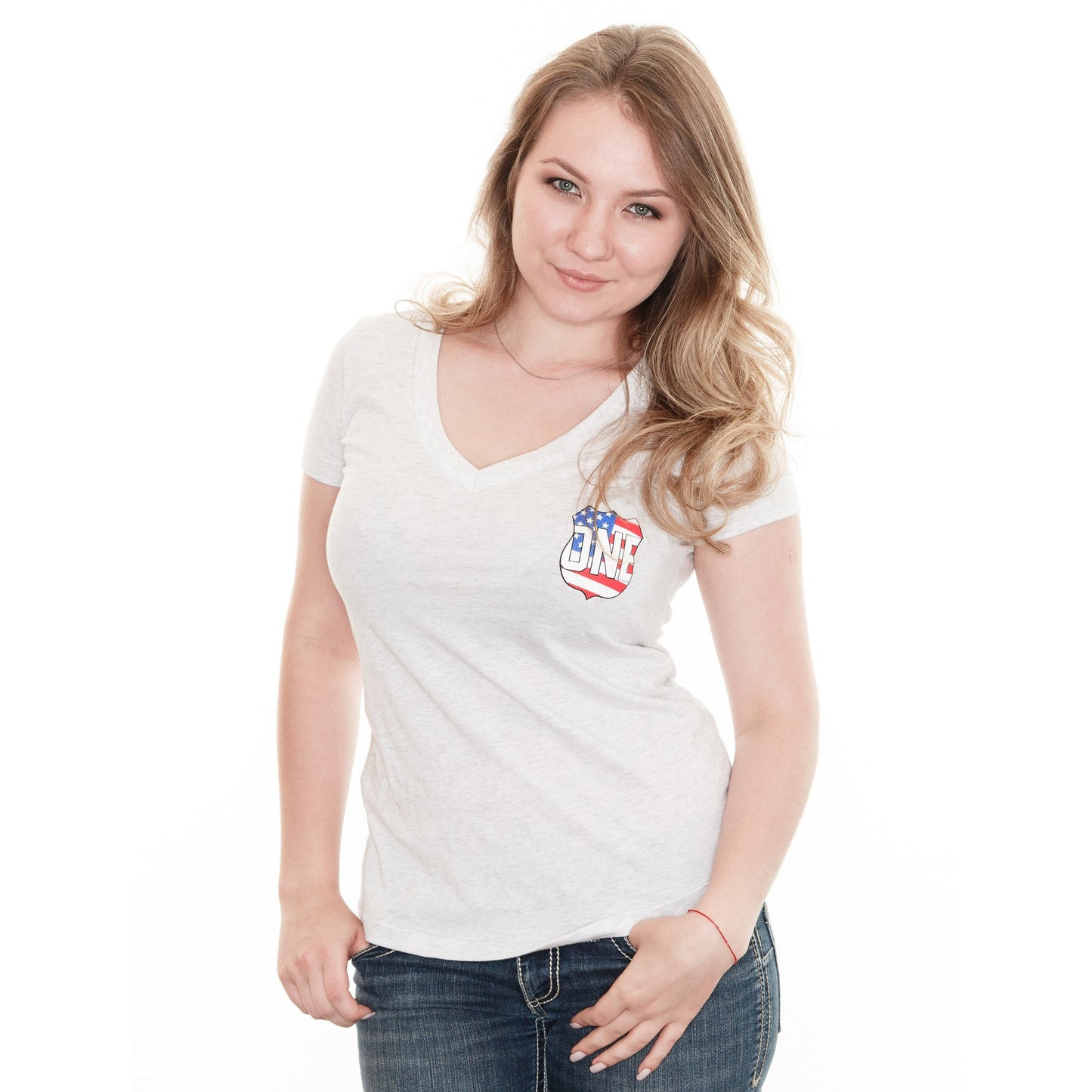 Star Spangled Hammered (Heather White) / Ladies Deep V-Neck Shirt - Route One Apparel