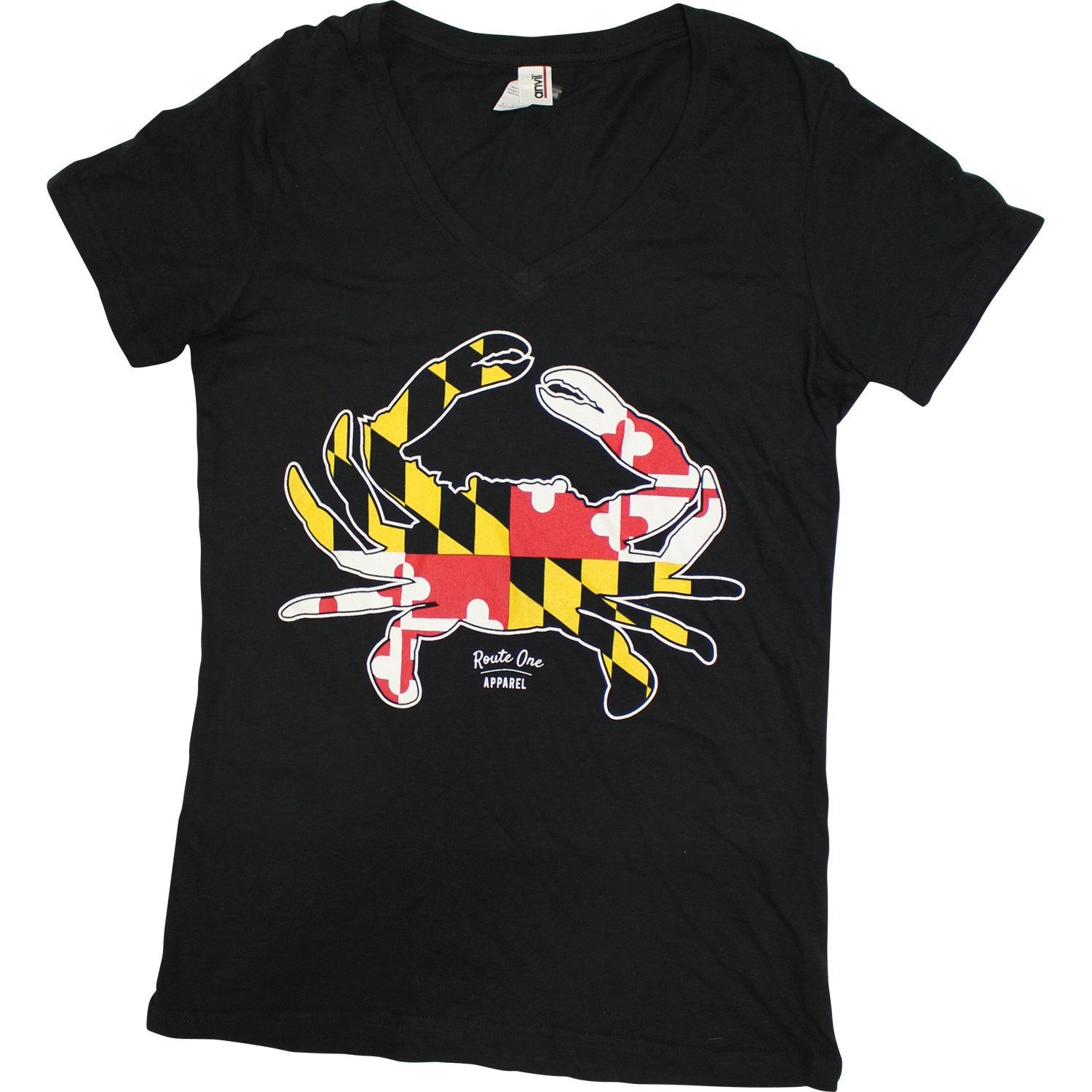 Maryland Full Flag Crab (Black) / Ladies V-Neck Shirt - Route One Apparel