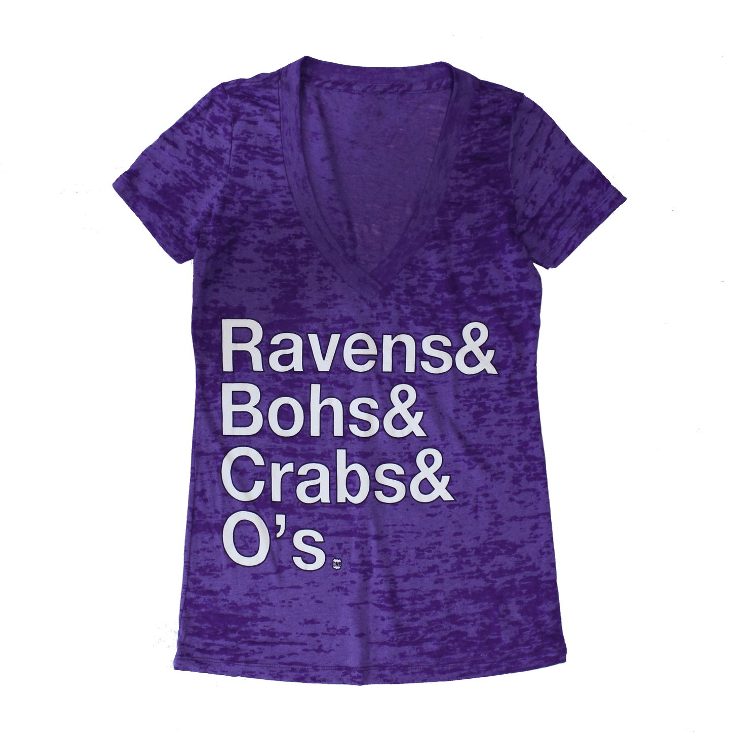 Ravens & Bohs & Crabs & O's Helvetica (Purple) / Ladies Burnout V-Neck Shirt - Route One Apparel