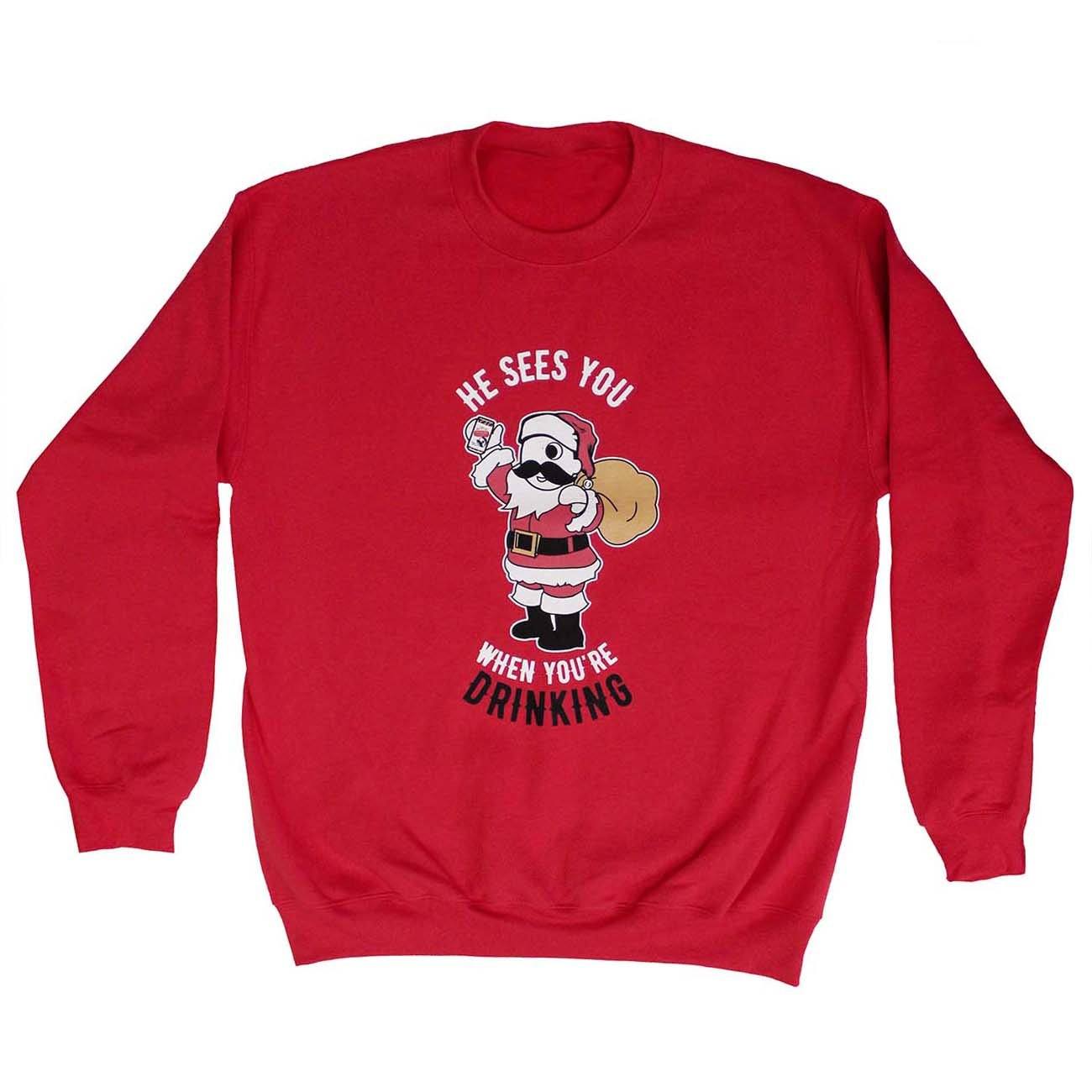 He Sees You When You're Drinking (Cherry Red) / Crew Sweatshirt - Route One Apparel
