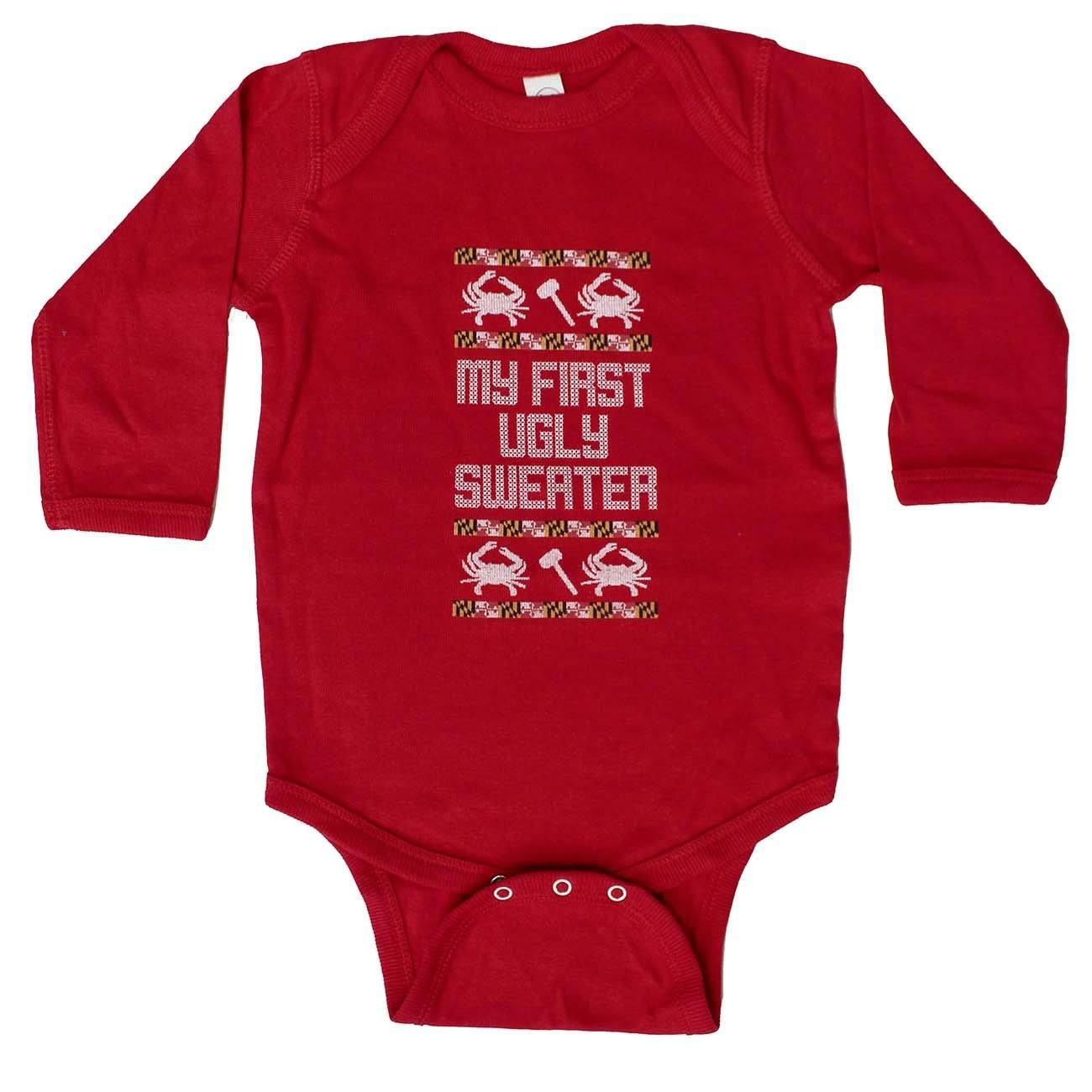 My First Ugly Sweater Long Sleeve (Red) Baby Onesie