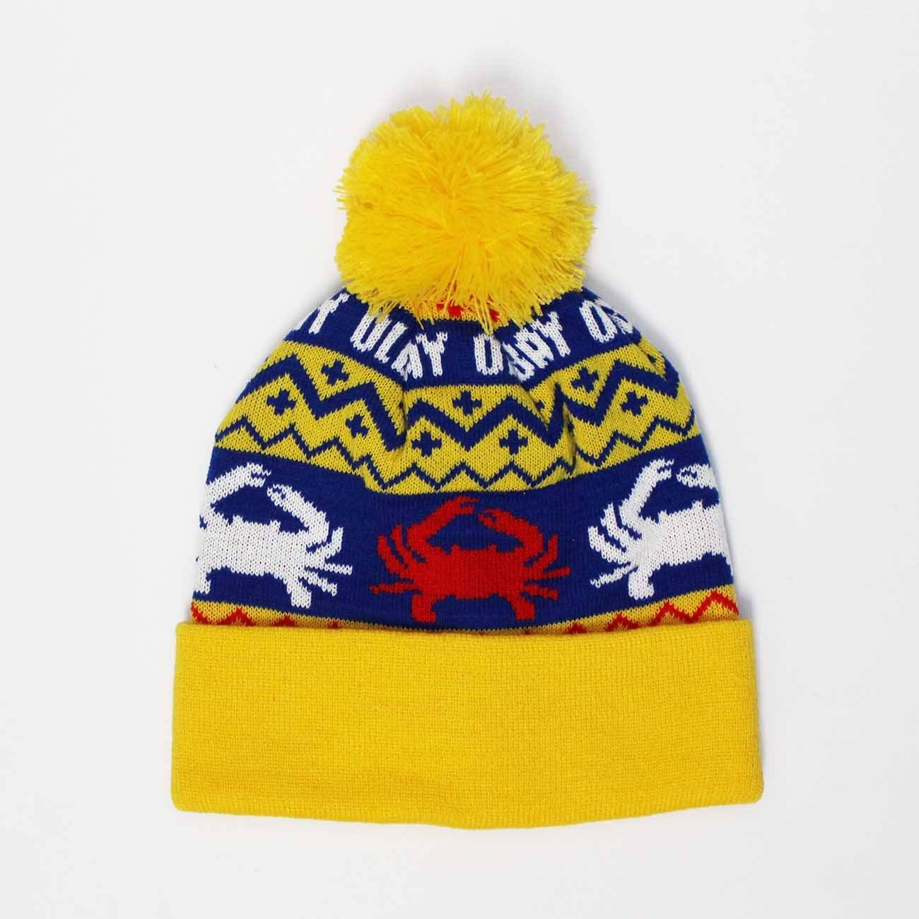 Old Bay, Red & White Crabs (Yellow w/ Yellow Pom) / Knit Beanie Cap - Route One Apparel