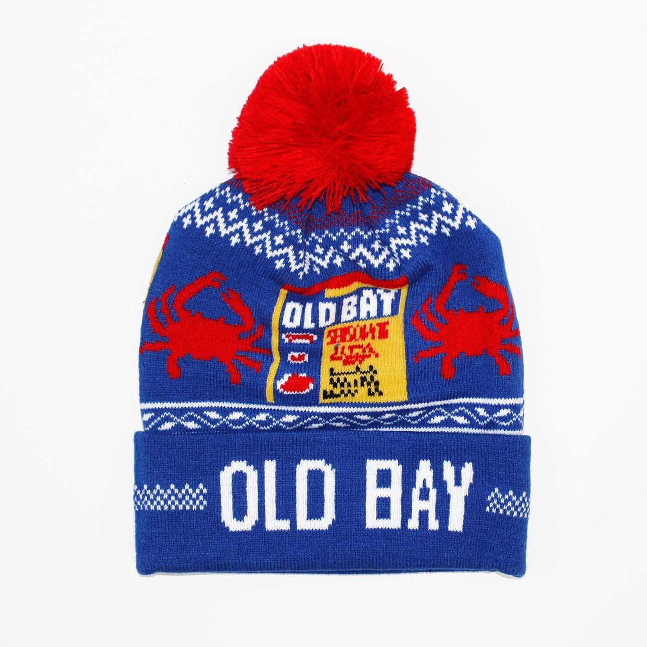 Old Bay Can & Red Crab (Blue w/ Red Pom) / Knit Beanie Cap - Route One Apparel