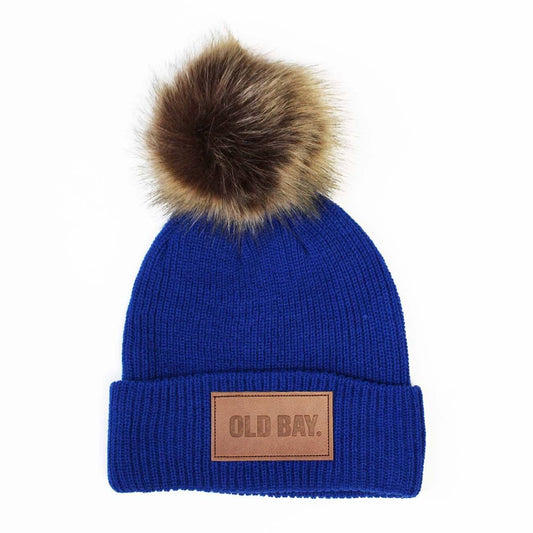 Old Bay Leather Patch (Royal Blue w/ Fur Pom) / Slouchy Knit Beanie Cap - Route One Apparel