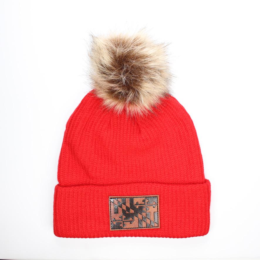 Maryland Flag Leather Patch (Red w/ Fur Pom) / Slouchy Knit Beanie Cap - Route One Apparel