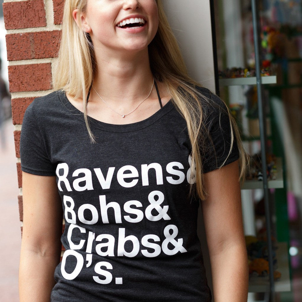 Ravens & Bohs & Crabs & O's Helvetica (Vintage Black) / Ladies Scoop Neck Shirt - Route One Apparel