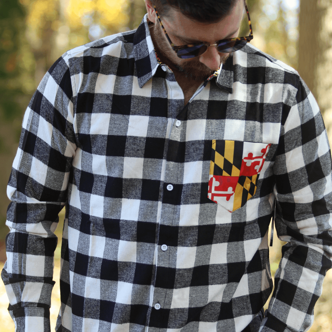 White & Black Flannel w/ Maryland Flag Colored Pocket / Flannel Long Sleeve Shirt - Route One Apparel