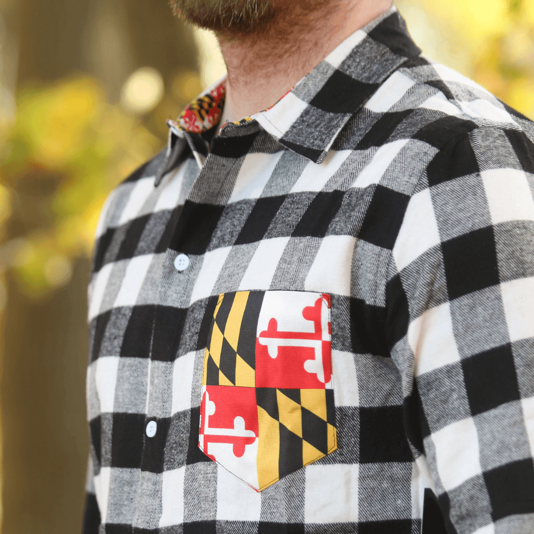 White & Black Flannel w/ Maryland Flag Colored Pocket / Flannel Long Sleeve Shirt - Route One Apparel