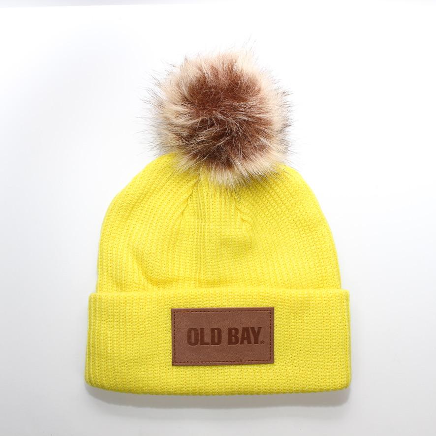 Old Bay Leather Patch (Bright Yellow w/ Fur Pom) / Slouchy Knit Beanie Cap - Route One Apparel