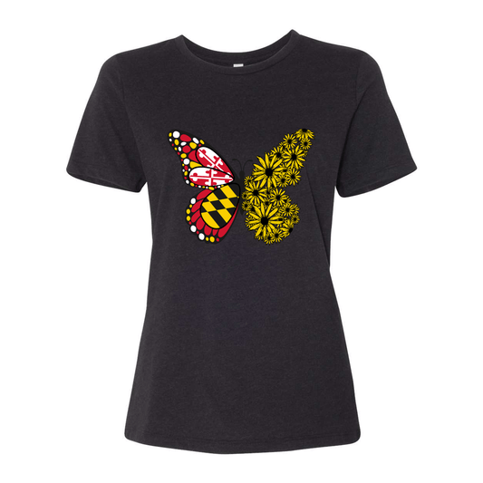 Maryland Flag & Black Eyed Susan Butterfly (Heather Black) / Ladies Shirt - Route One Apparel