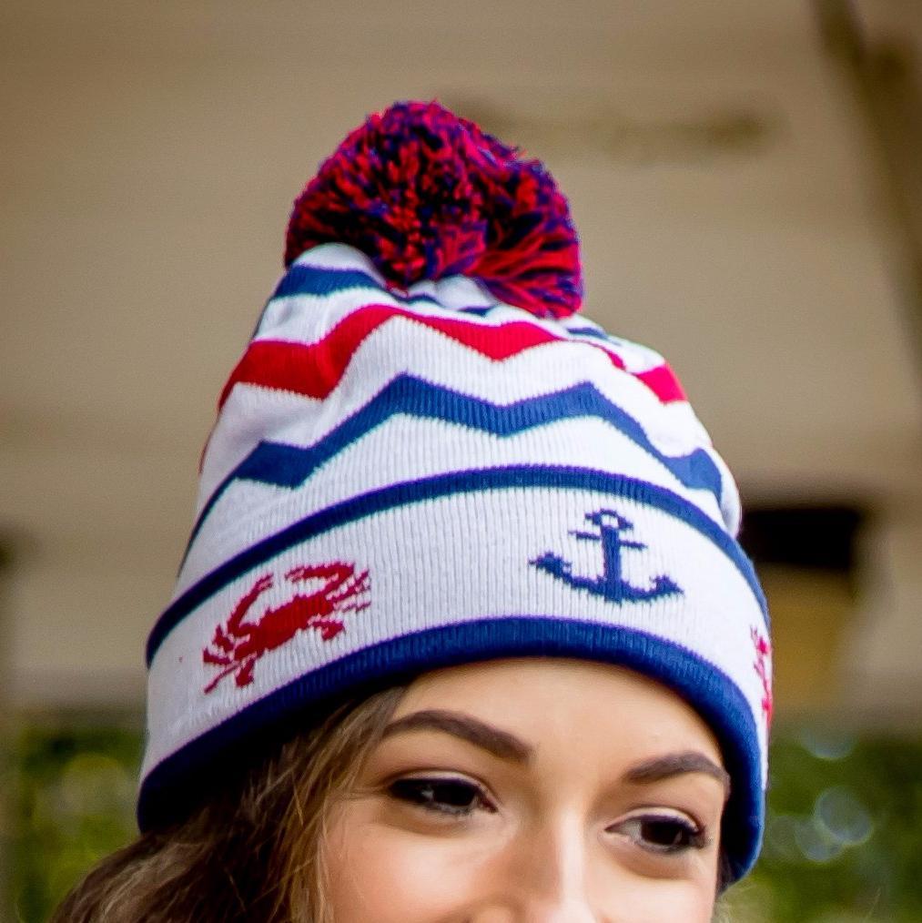 Chevron Crab and Anchor Design (White with Multi Pom) / Knit Beanie Cap - Route One Apparel