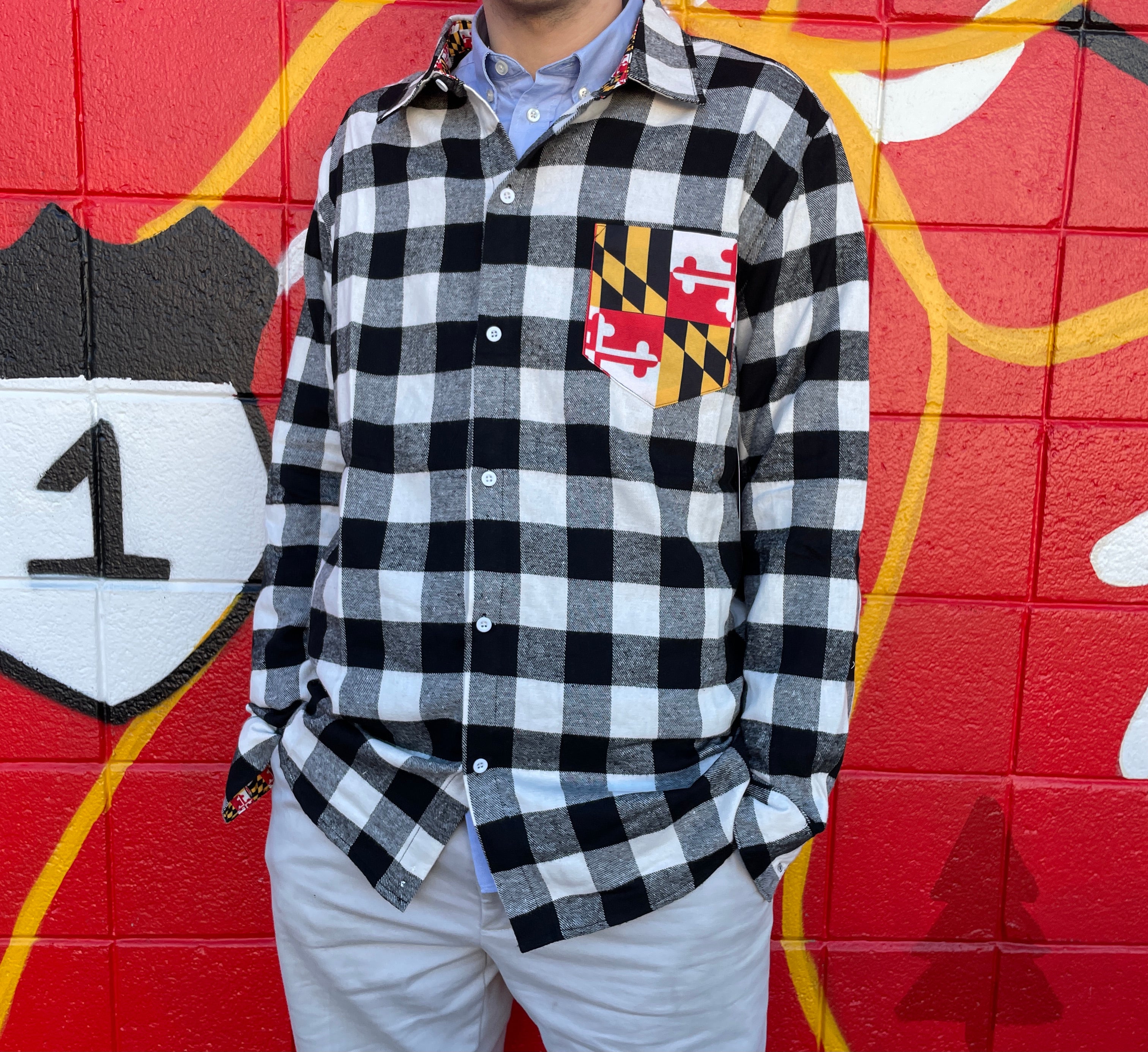 White & Black Flannel w/ Maryland Flag Colored Pocket / Flannel Long Sleeve Shirt - Route One Apparel