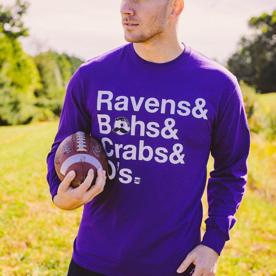 Ravens & Bohs & Crabs & O's Helvetica *With Natty Boh Logo* (Purple) / Long Sleeve Shirt - Route One Apparel