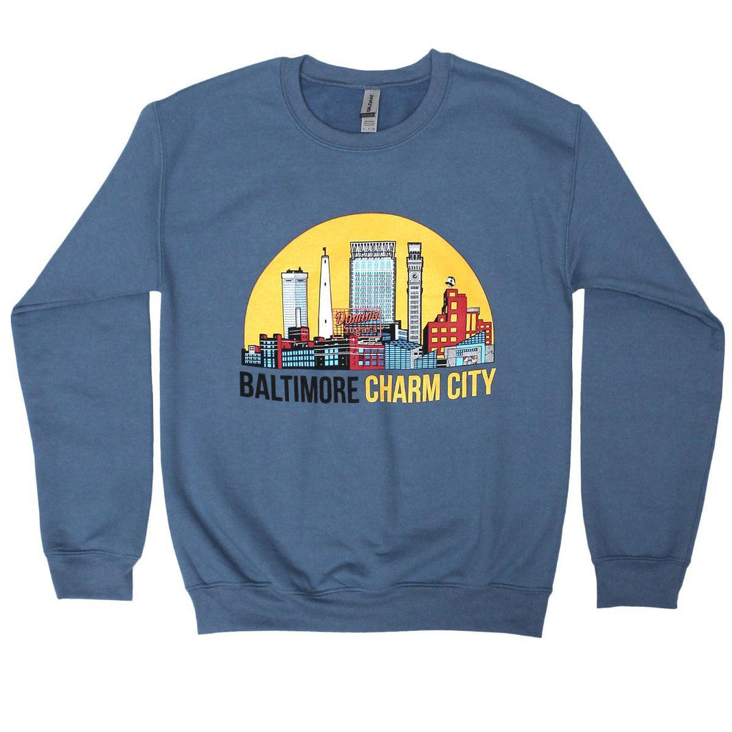 Area Code Baltimore Merch Baltimore Charm City Skyline (Indigo Blue) / Crew Sweatshirt