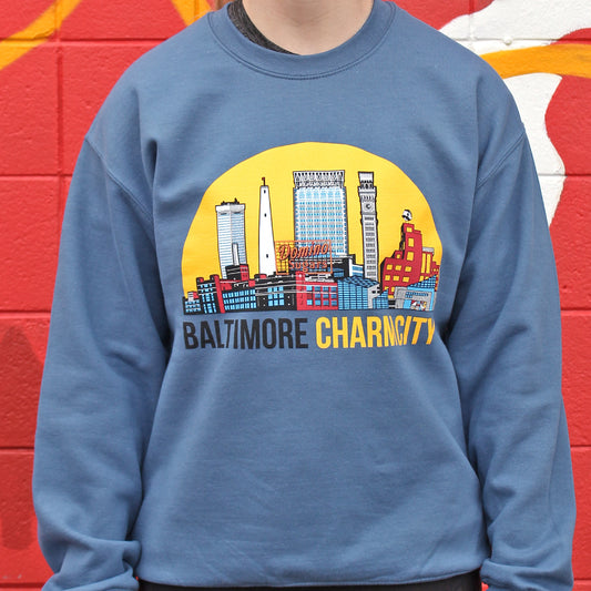 Baltimore Charm City Skyline (Indigo Blue) / Crew Sweatshirt - Route One Apparel