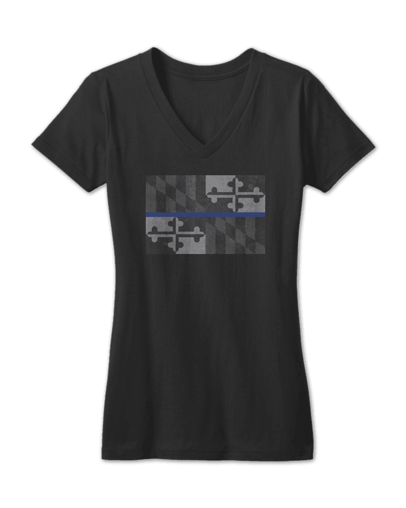 Maryland Flag Blue Line (Black) / Ladies Sporty V-Neck Shirt - Route One Apparel
