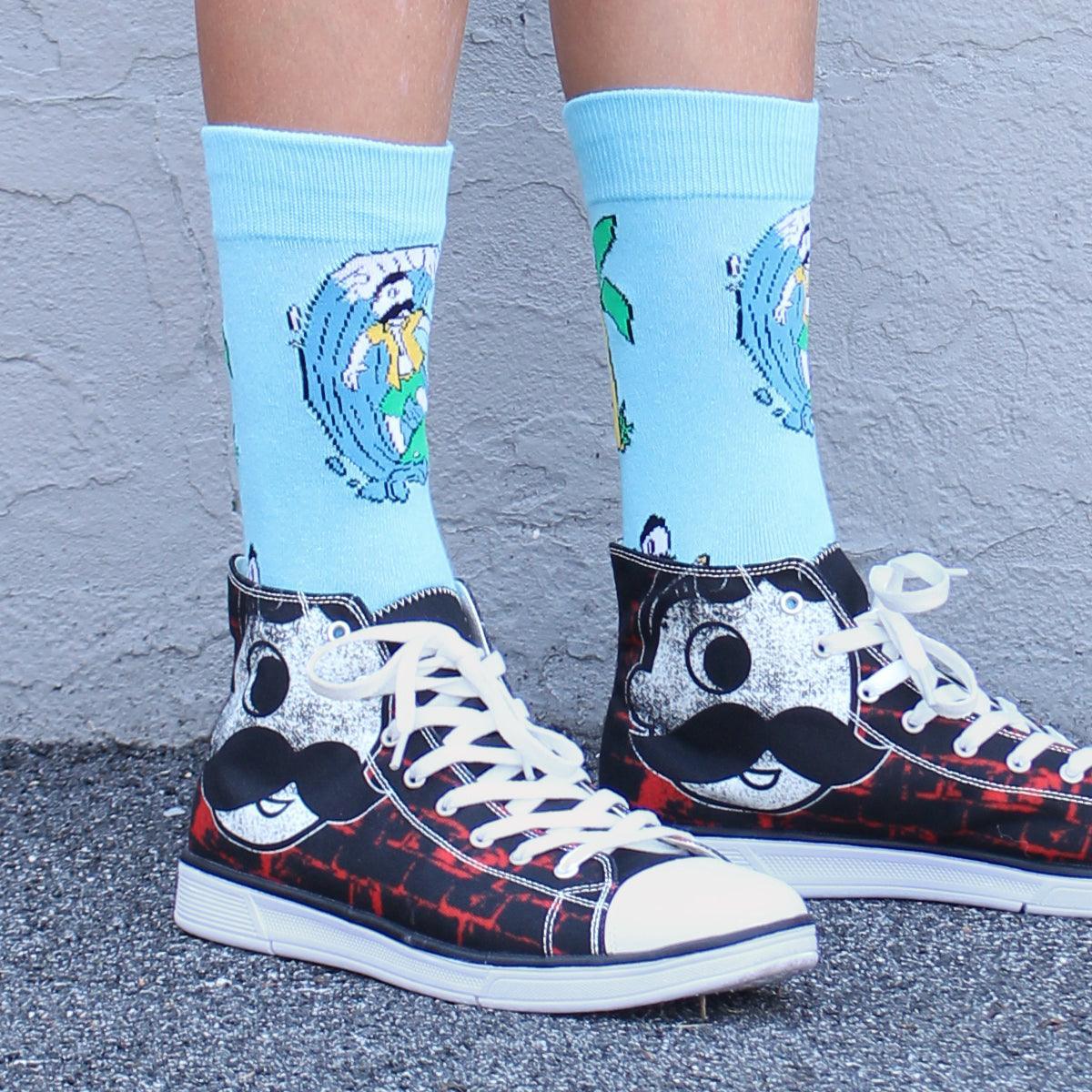 Surfer Boh with Cans and Palms (Light Blue) / Crew Socks - Route One Apparel